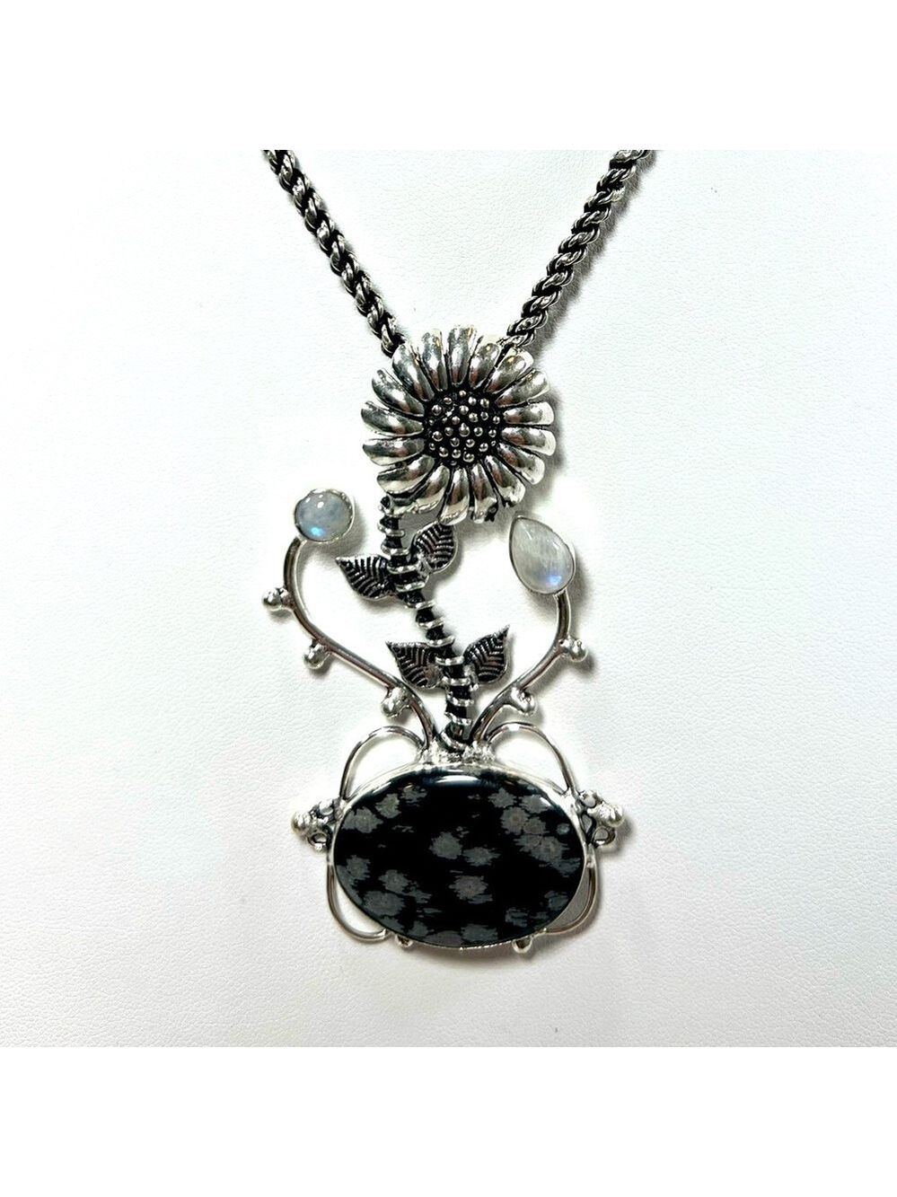 Snowflake Obsidian Moonstone 🌻 Sunflower Large 925 Gemstone Pendant